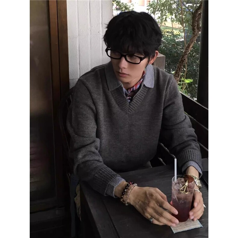 dannyandzee冬季复古百搭宽松慵懒灰色假两件V领撞色针织毛衣男,男装针织衫/毛衣,星座506A