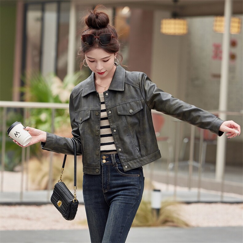 复古皮衣女短款时尚小个子春秋新款2025水洗机车服皮夹克上衣外套,女装皮衣,缘衣格