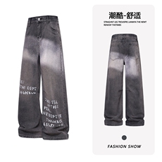 B221美式ins高街暗黑印花字母宽松直筒牛仔裤LK26650-特P46控78，男装牛仔裤，电商B221