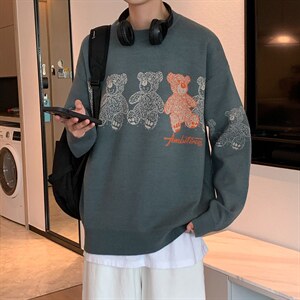 M3113-P68秋冬圆领毛衣小熊男针织衫学生宽松潮大码上衣外套控88，男装针织衫/毛衣，电商A009A（原A058A）