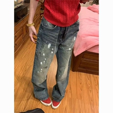 美式复古cleanfit泼墨牛仔裤男女潮宽松直筒阔腿休闲裤L91511-P49，男装牛仔裤，星座1008