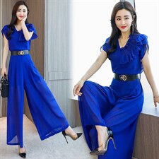 2022年夏季韩版时尚不规则花边拼接上衣+显高阔腿裤两件套，女装套装/套裙，火爆靓佳人