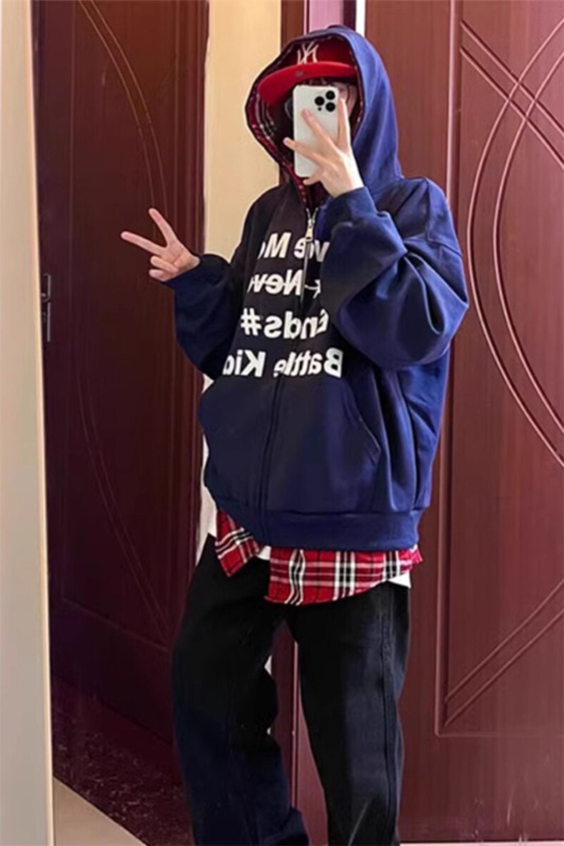 假两件格子拼接连帽卫衣高级感美式开衫外套WY653特P50,女装短外套,星座908-1