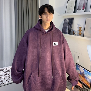港风秋季新款麂皮绒简约小标百搭宽松连帽卫衣JK23340特批43控69图片