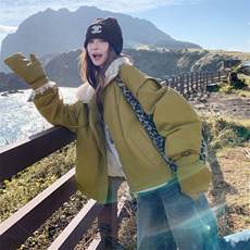 韩系羊羔毛拼接羽绒服女2025年冬季新款设计感宽松白鸭绒显瘦外套，女装羽绒服，2D045
