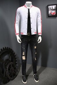 7018 新款男士红条纹搭配个性棒球领夹克衫图片