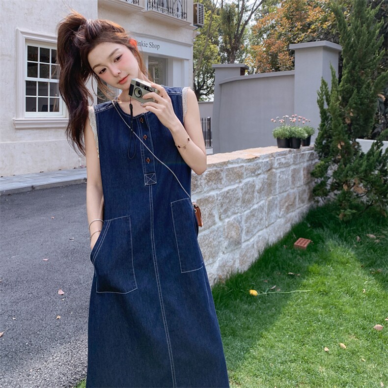 深蓝色薄款牛仔无袖连衣裙女2025夏季新款港味复古休闲长款背心裙,女装连衣裙,2C266