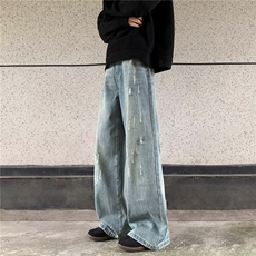 高腰常规美式复古牛仔裤宽松直筒百搭垂感微喇裤阔腿裤猫抓微破洞，男装休闲裤，星座1013