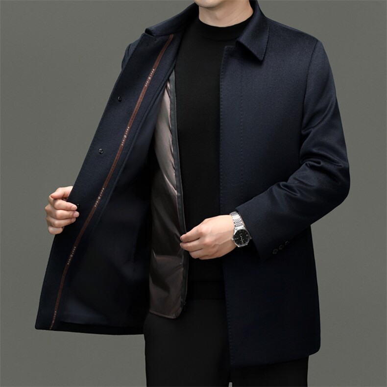 高端新款中年山羊绒白鹅绒内胆大衣男中老年绵羊毛山羊绒外套大衣，男装毛呢大衣，钱塘723