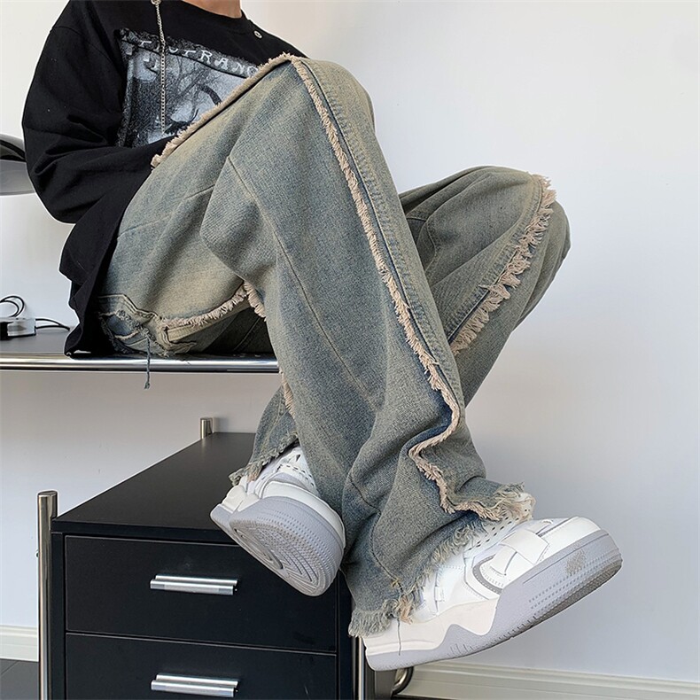 美式ins高街hiphop重工艺水洗毛边牛仔裤货号K712P65,男装牛仔裤,电商A063