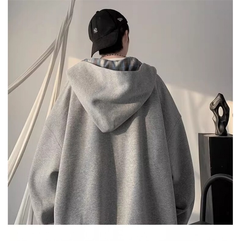 拼接格子连帽卫衣男秋冬季加绒加厚韩版潮流开衫外套宽松,女装短外套,星座1013-1