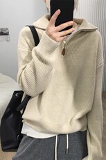 欧货半开拉链高翻领纯羊绒衫女加厚套头针织毛衣秋冬羊毛宽松上衣，女装羊毛衫，隆格羊绒
