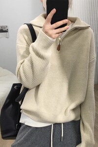 欧货半开拉链高翻领纯羊绒衫女加厚套头针织毛衣秋冬羊毛宽松上衣图片