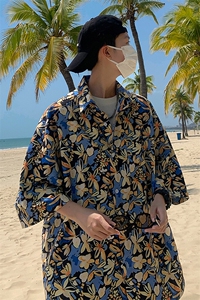泰式花衬衫男短袖夏季冰丝海边夏威夷潮流大码休闲七分袖防晒衬衣图片