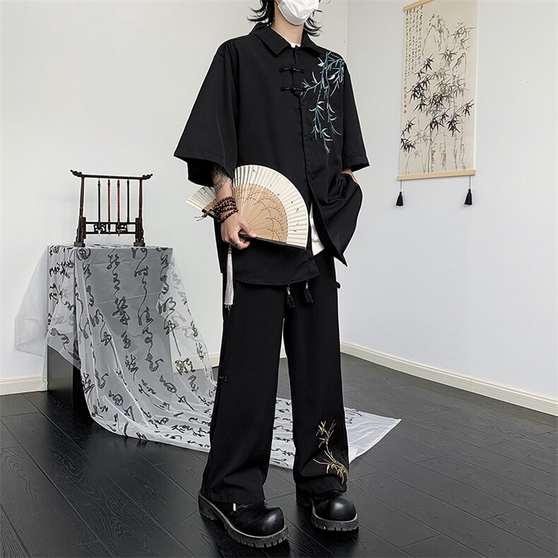风套装男士夏季竹子刺绣痞帅高级感冰丝衬衫男装新中式两件套,男装衬衫,星座505-2（原电商A260-1)