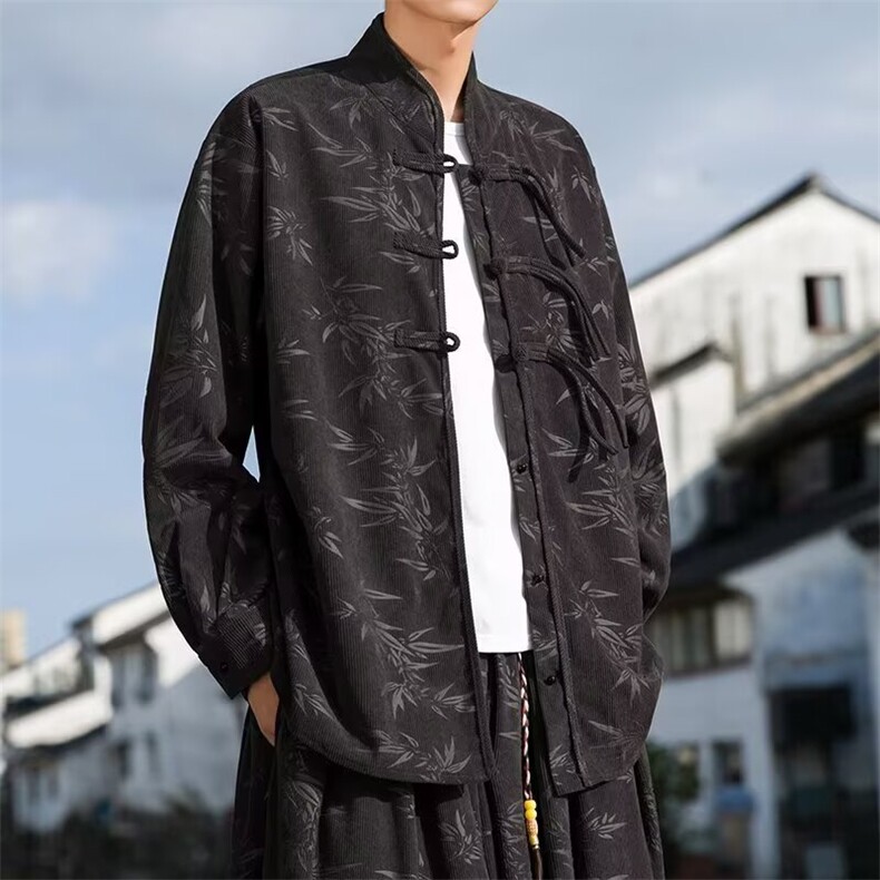 风高档男中式立领长袖衬衫风立领刺绣重磅灯芯绒衬衣CS522图片