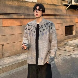 冬季新品古着费尔岛氛围感针织衫男生灰色无领开衫毛衣保暖外套男图片