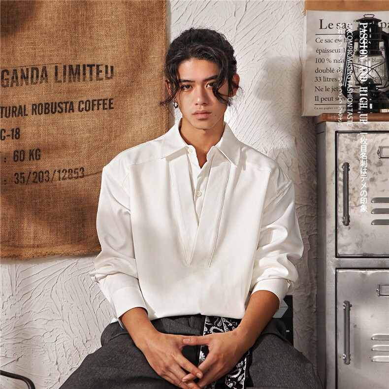 日系复古假两件白色长袖衬衫男春秋款潮牌宽松高级设计感衬衣外套，男装衬衫，星座506A