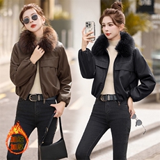 安可拉红加绒加厚短款皮衣外套女款2024冬季新款真毛领皮棉服夹克，女装皮衣，美拉德工厂直营店