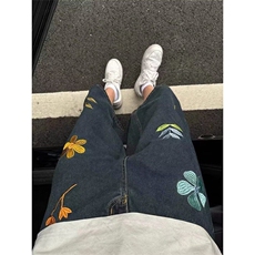 彩色豹纹拼皮十字架牛仔裤女春夏复古直筒洋气休闲裤N5663，男装皮裤，星座1116A（原606A-3）