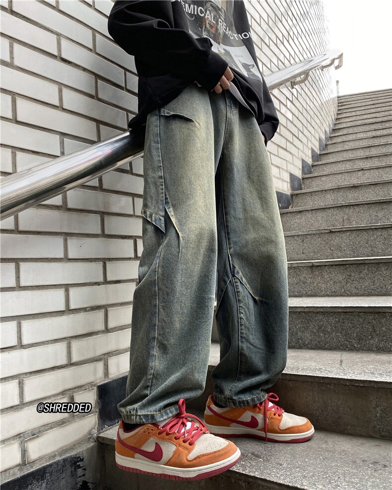 美式高街潮流INS水洗复古褶皱直筒牛仔裤B315-K23525-P65控78,男装牛仔裤,电商B315