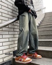 美式高街潮流INS水洗复古褶皱直筒牛仔裤B315-K23525-P65控78，男装牛仔裤，电商B315