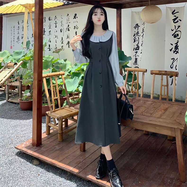 娃娃领衬衫拼接假两件连衣裙女2025春季新款小个子高级感长裙子,女装连衣裙,星宇服饰