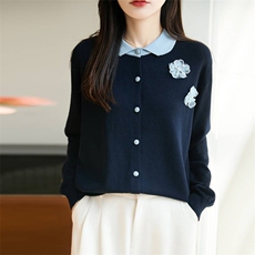 2025时尚百搭通勤简约休闲娃娃领花朵开衫，女装针织衫/毛衣，唐诺