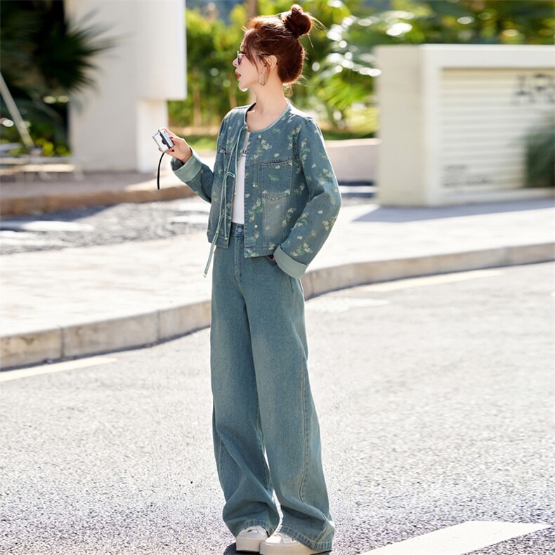 新中式国风印花牛仔时尚套装女2025春季新款复古盘扣气质两件套潮,女装套装/套裙,欣品汇