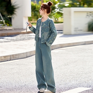 新中式国风印花牛仔时尚套装女2025春季新款复古盘扣气质两件套潮图片
