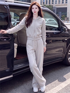 休闲时尚减龄套装女春秋新款宽松显瘦灰色连帽卫衣阔腿长裤两件套图片 休闲时尚减龄套装女春秋新款宽松显瘦灰色连帽卫衣阔腿长裤两件套图片