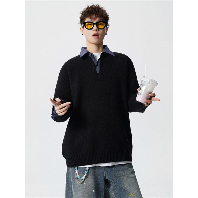 8643-P68假两件新款休闲毛衣男士时尚长袖宽松针织衫上衣衬衫领图片