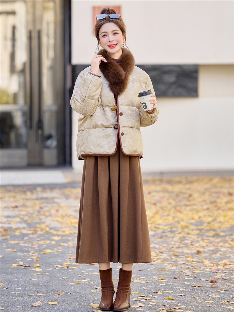 90绒。现货。新中式提花2025冬季狐狸毛领可脱卸短款羽绒服,女装羽绒服,E百度