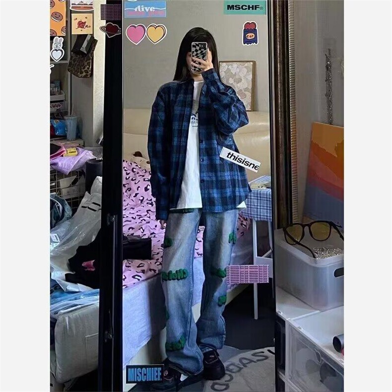 港风复古藏蓝色格子长袖衬衫男女潮牌设计感宽松慵懒风休闲薄外套,男装衬衫,星座506A