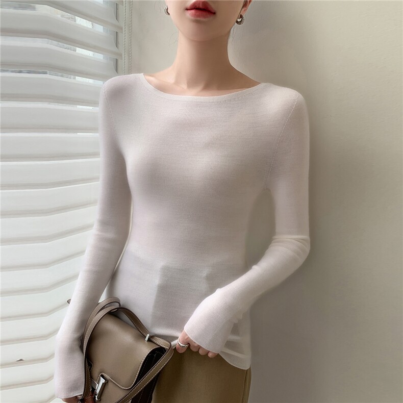 超细扬子纱精纺纯羊毛衫亲肤一字肩女毛衣长袖2025春季针织打底衫，女装羊毛衫，轻暖羊绒