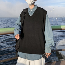 ins无袖马甲学院风纯色口袋毛背心青年休闲V领针织衫M179-P32，男装背心/马甲，星座512-4