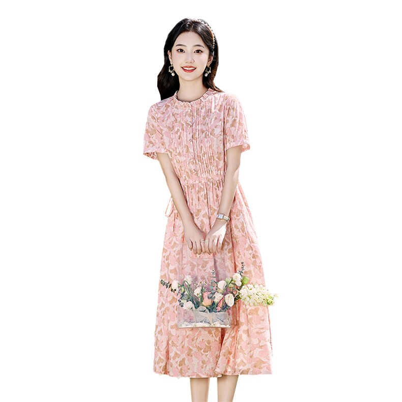 清新绿色碎花连衣裙女中长款2026夏新款洋气减龄显瘦短袖纯棉裙子,女装连衣裙,倪叶myz