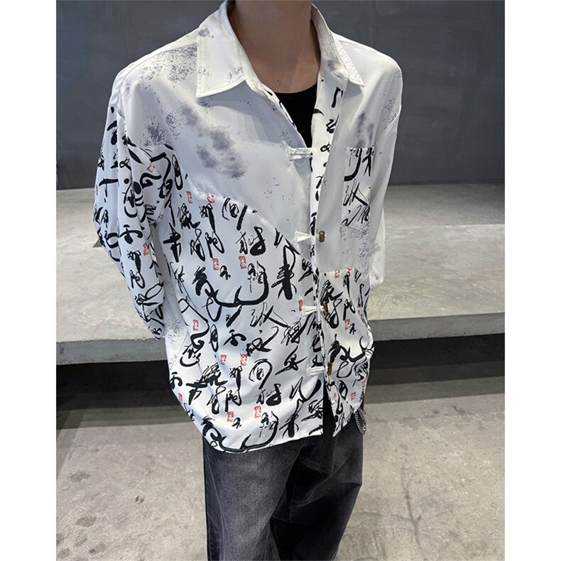 CS1152-特批38控68秋季新款新中式撞色拼接长袖冰丝衬衫大码男,男装衬衫,电商A059