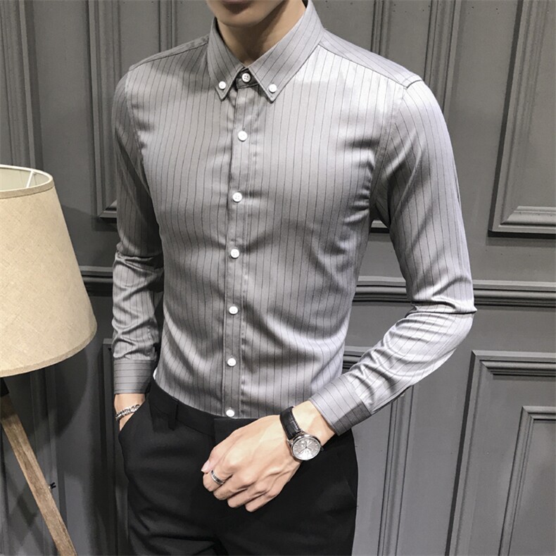 条纹衬衫灰色简约百搭修身男衬衣打底衫 C602-P40图片