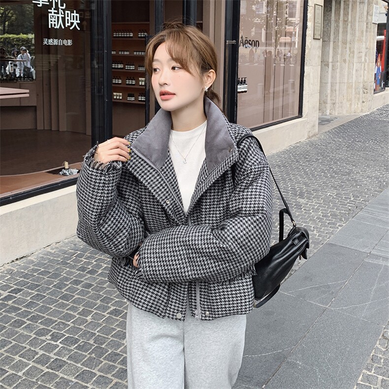 小香风千鸟格立领羽绒服女小个子2024冬季新款加厚爆款白鸭绒外套,女装羽绒服,慧峰