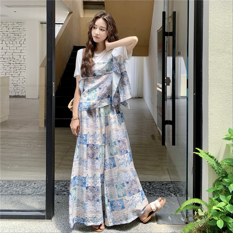 韩版印花假两件短袖阔腿裤套装女2025年夏季新款显瘦超好看两件套图片