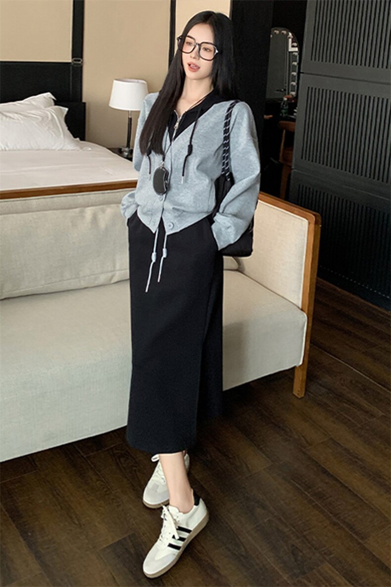 女春季新款韩版连帽卫衣开叉半身裙套装,女装套装/套裙,江南