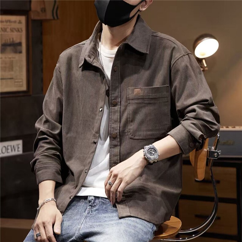 重磅纯棉长袖衬衫男春秋美式高级感休闲纯色翻领衬衣外套男,男装衬衫,星座506A