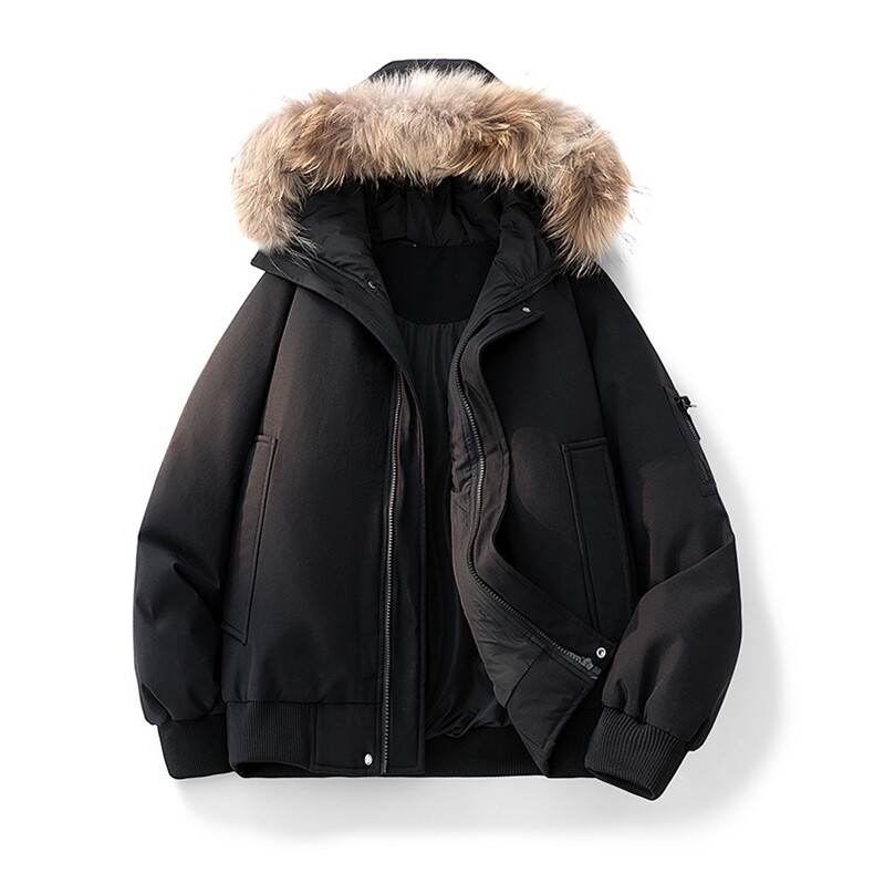 新标90白鸭绒连帽貉子毛高街羽绒服真毛领带SYR2610-P288，男装羽绒服，星座610B-1