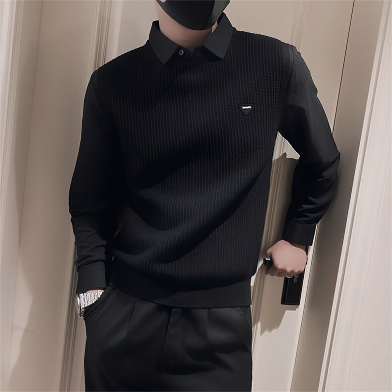 LV282/P88控118冬季假两件衬衫料手袖领针织贴标毛衣男黑首1,男装针织衫/毛衣,星座305B