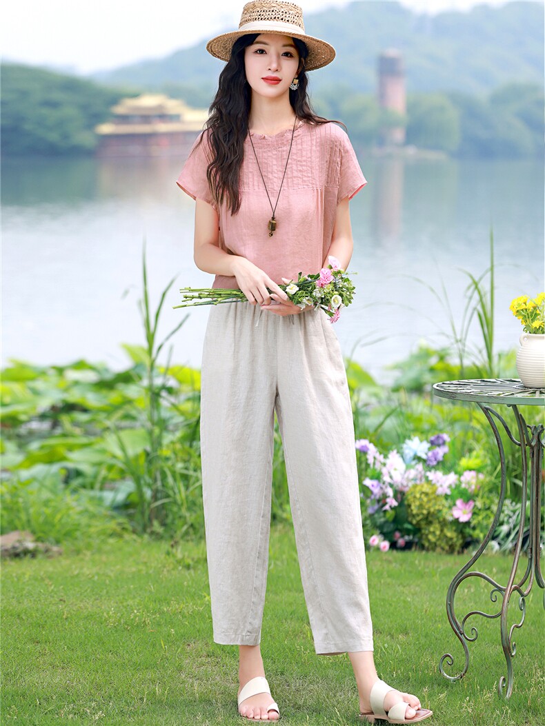棉麻套装女2026夏季新款中年妈妈洋气减龄苎麻衬衫休闲两件套,女装套装/套裙,独衣靓