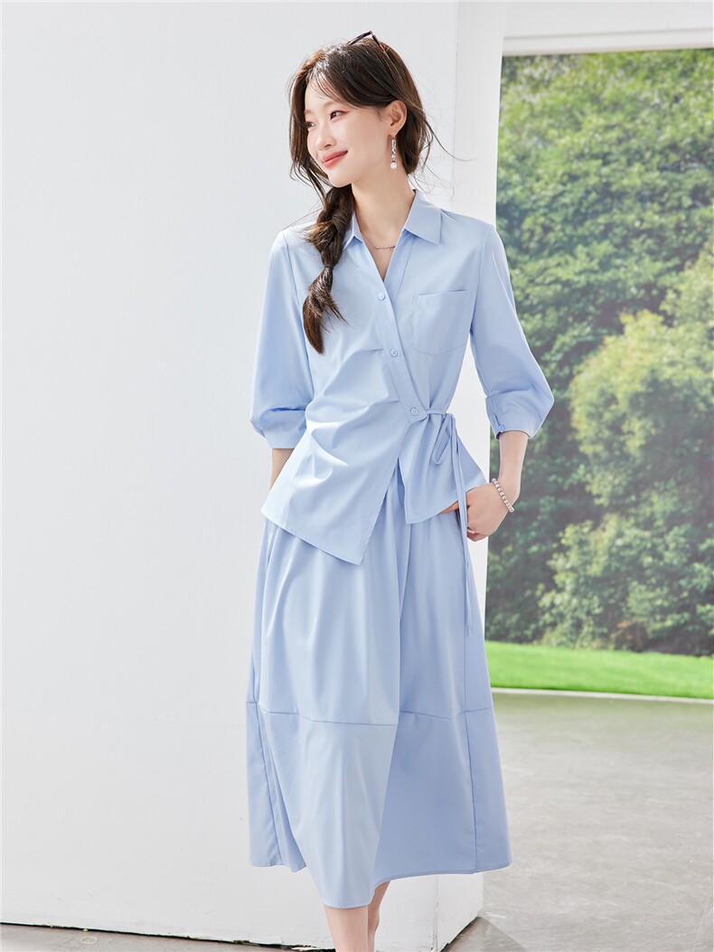 《现货26夏上新》蓝色气质收腰衬衫+半裙伞裙显瘦两件套女,女装套装/套裙,苗苗