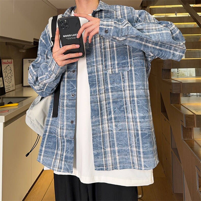 现货复古晕染格子长袖衬衫女高级感慵懒风外套男C19-P50控78,男装衬衫,星座205-5