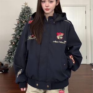 美式复古嘻哈刺绣徽章夹克外套男女春季高街小众连帽拆卸外套ins图片