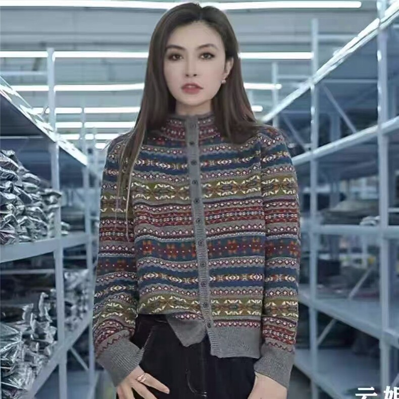 2025年秋季常规长袖单件时尚百搭通勤简约休闲民族风多色提花开衫,针织衫/毛衣,暖烁特种纱工厂店